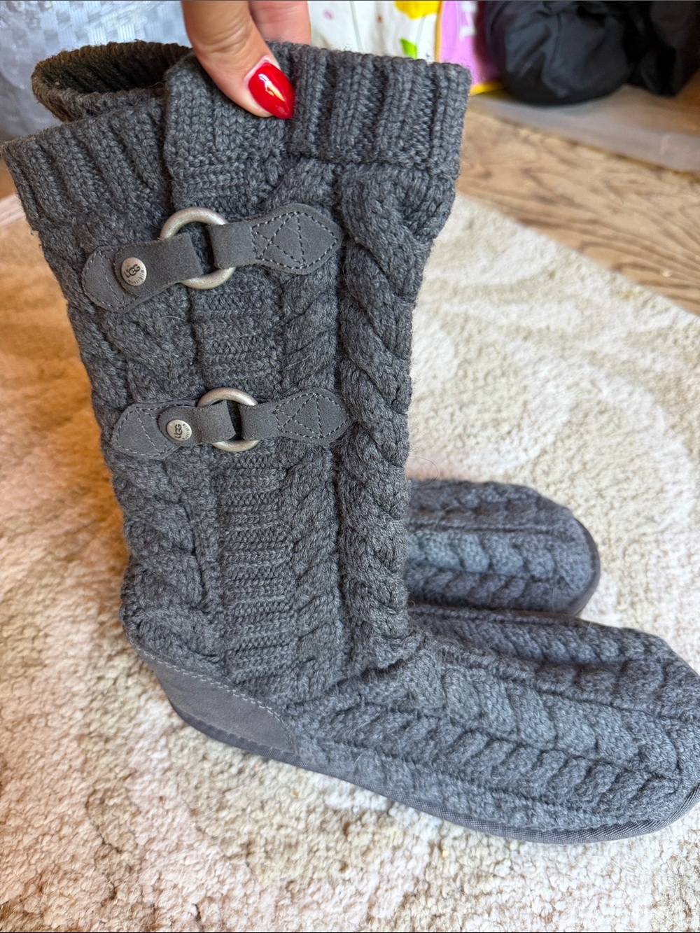 UGG Charcoal Cable-Knit Tall Boot Slippers with Buckle Accents